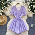 Women's jumpsuit beach vacation shorts summer new v-neck puff sleeve tie-waist versatile wide-leg shorts