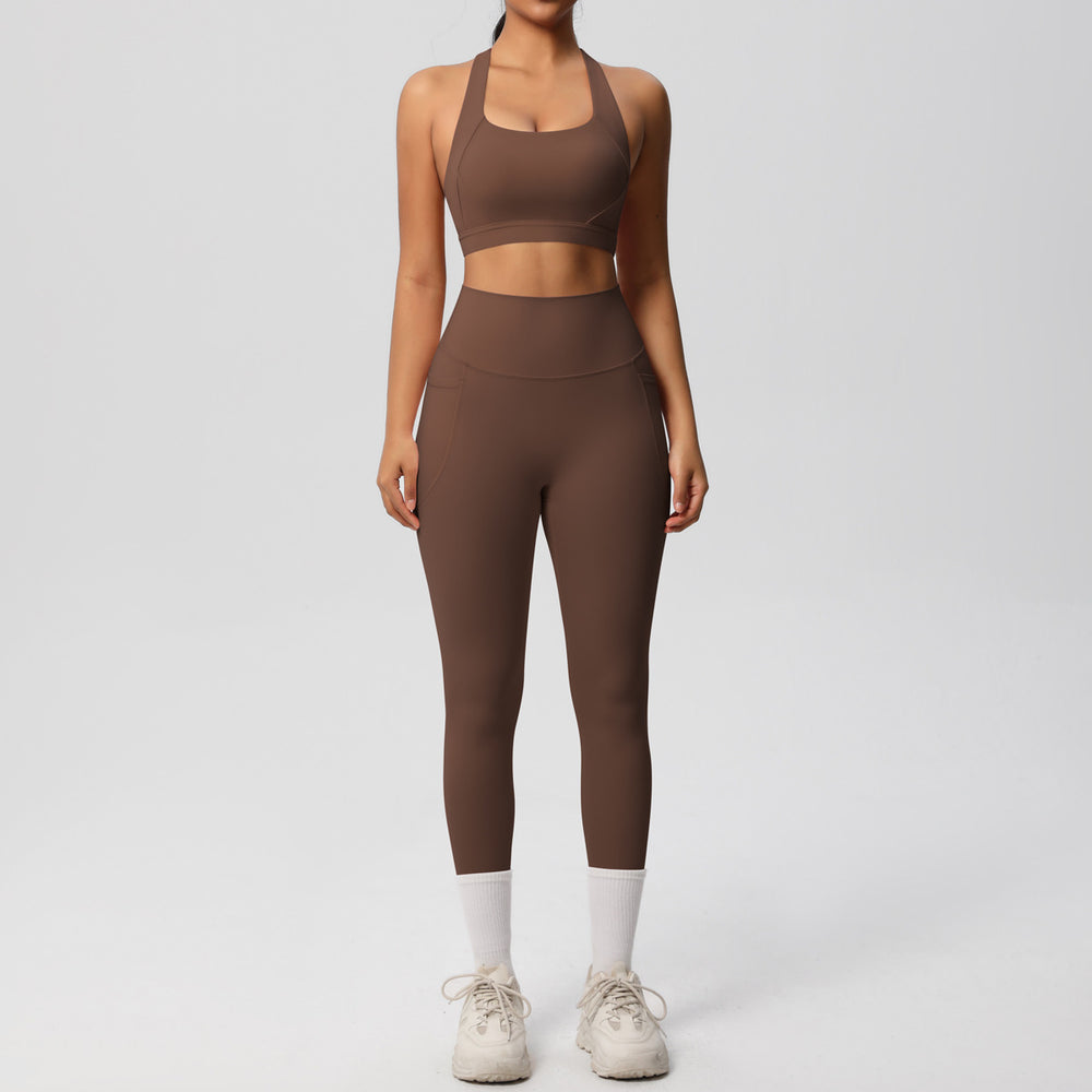 European and american cross-border yoga double-sided brushed tank top & shockproof pocket pants pilates running fitness yoga outfit two-piece set