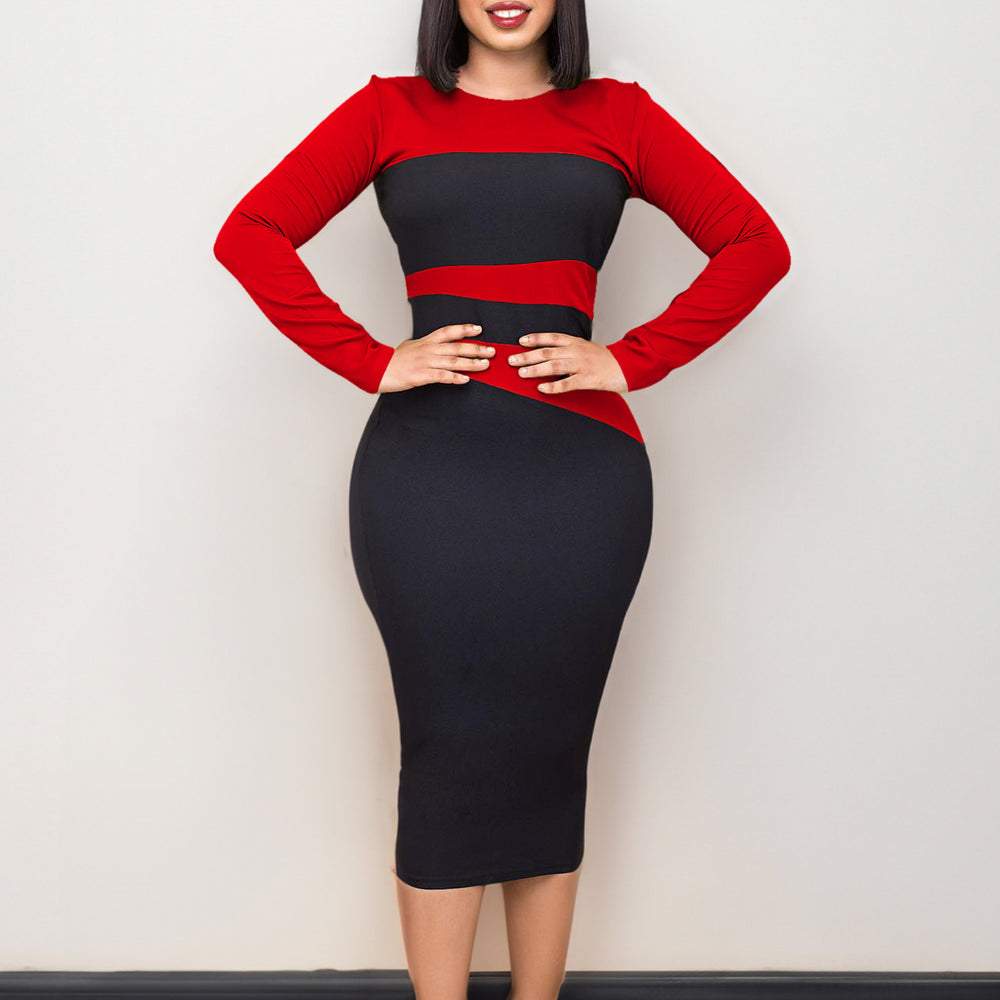 D397 european and american women's clothing  new fashion elegant and chic slim-fit ol color block bodycon plus size african dress