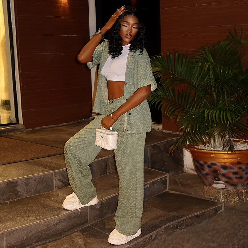 European and american women's clothing  autumn new collection: sweet and fresh turn-down collar short-sleeve shirt top and high-waisted straight-leg pants two-piece set