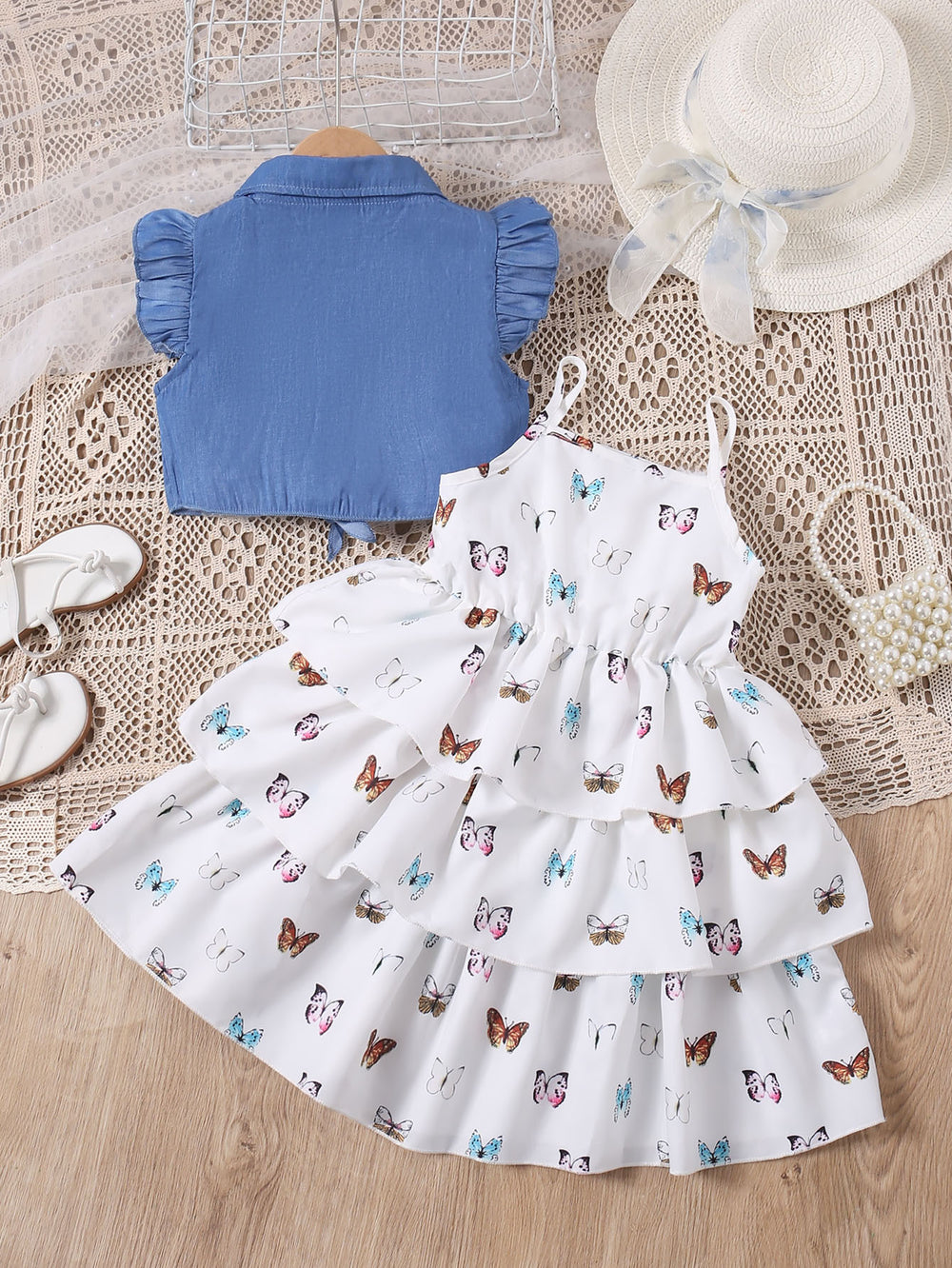 exclusive supply of youxiaofei sleeve denim vest + suspender dress cake skirt girlsuittwo-piece set
