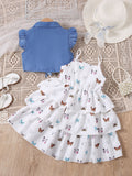 exclusive supply of youxiaofei sleeve denim vest + suspender dress cake skirt girlsuittwo-piece set