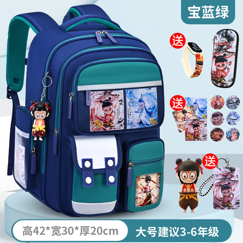 New nezha backpack for elementary school students, grades 1-6, lightweight, spine-protecting, load-reducing, large capacity for boys and girls