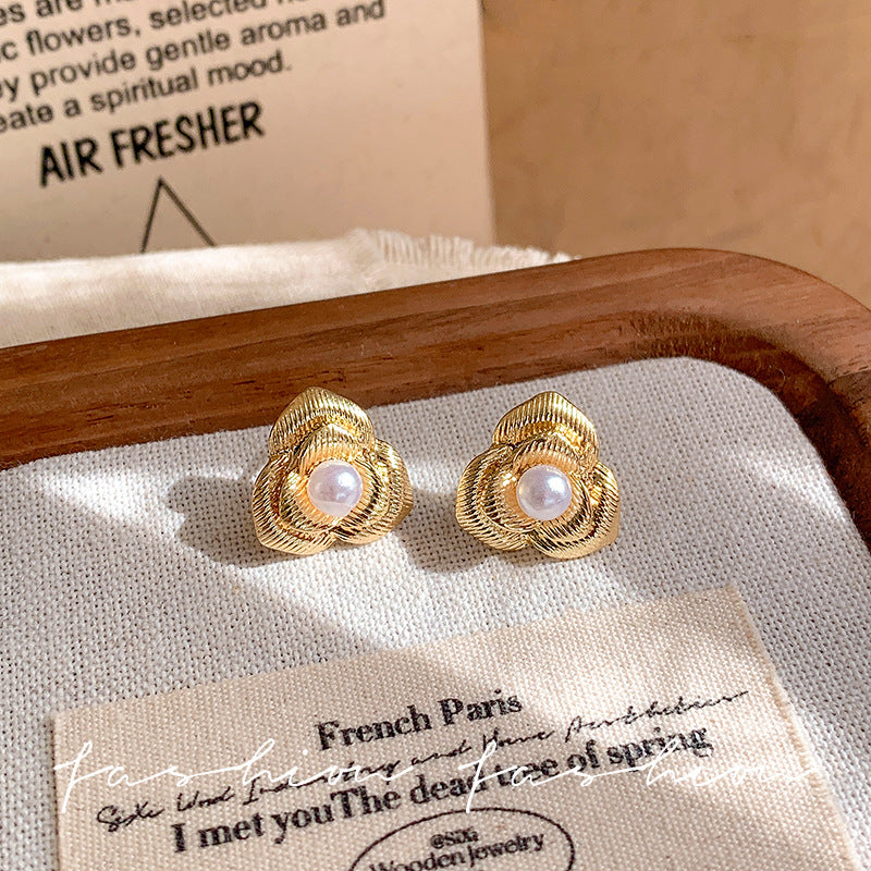 French chic floral pearl metal texture stud earrings - minimalist, unique, and versatile fashion earrings for women