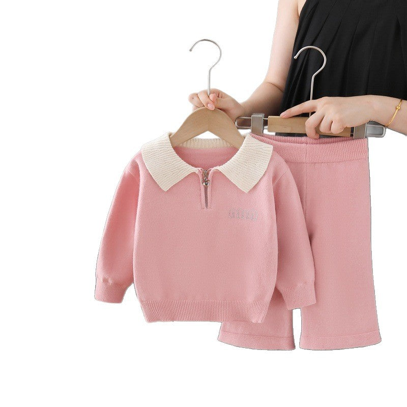 Girls' knit sweater polo shirt and pants set - new autumn  collection - casual sweater outfit for little girls