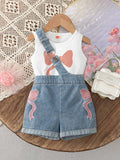summer new sleeveless bow print top + cross-strap denim shorts set - exquisite denim two-piece