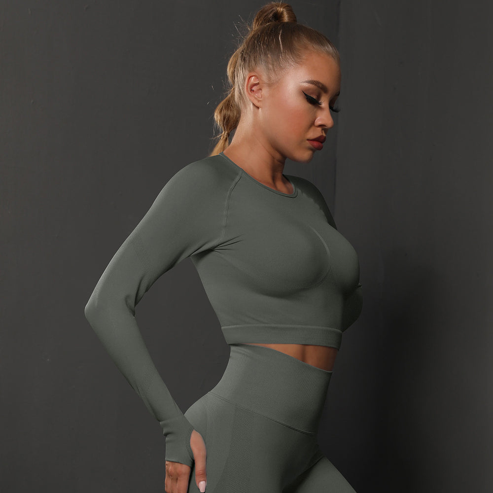 Summer solid color knit seamless fitness top - sweat-wicking, shaping, compression long sleeve running, training, and yoga apparel for women