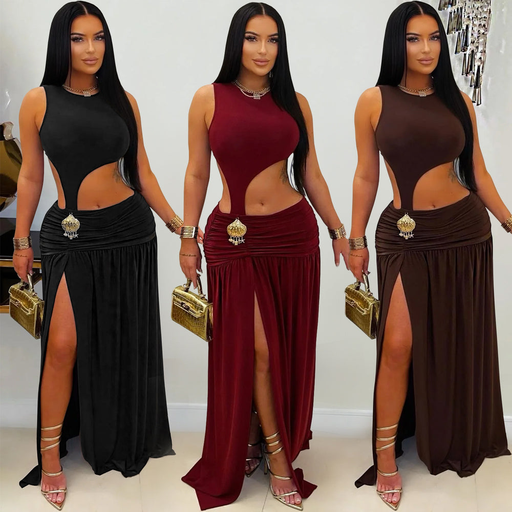 C7597 cross-border   fashion women's sexy solid color sleeveless cropped slit dress