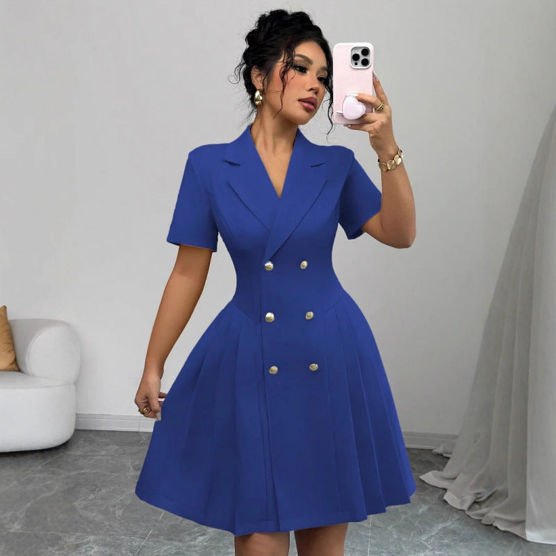 european and american/russian  autumn new arrival short-sleeve solid color cinched waist double-breasted dress