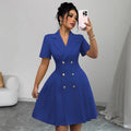 european and american/russian  autumn new arrival short-sleeve solid color cinched waist double-breasted dress