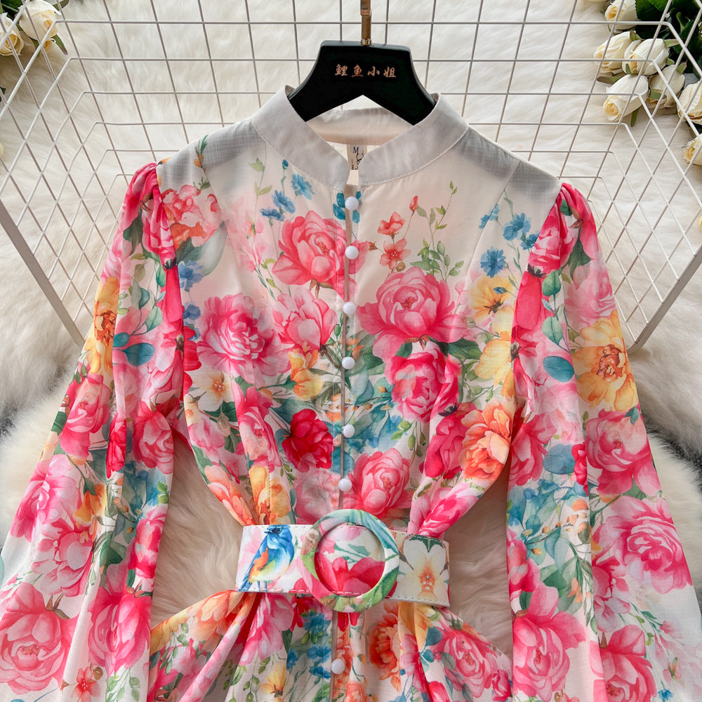 European and american retro court style dress - women's elegant socialite lantern sleeve stand collar button-down waist-defining printed midi dress