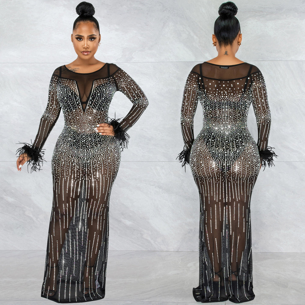 X5605   fashion nightclub party rhinestone women's mesh see-through long sleeve maxi dress