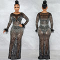 X5605   fashion nightclub party rhinestone women's mesh see-through long sleeve maxi dress