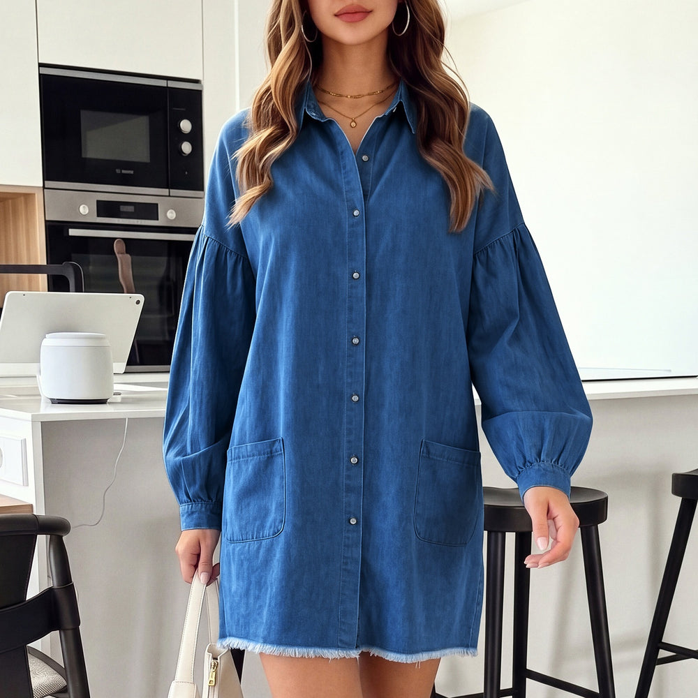 Fashion cross-border foreign trade  new arrival lapel lantern long sleeves single-breasted loose mid-length denim dress
