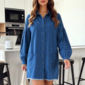 Fashion cross-border foreign trade  new arrival lapel lantern long sleeves single-breasted loose mid-length denim dress