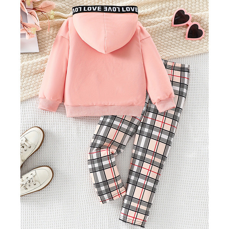 Autumn cross-border kids' hoodie two-piece set: casual bear plaid pants & hooded sweatshirt - girls' pullover style