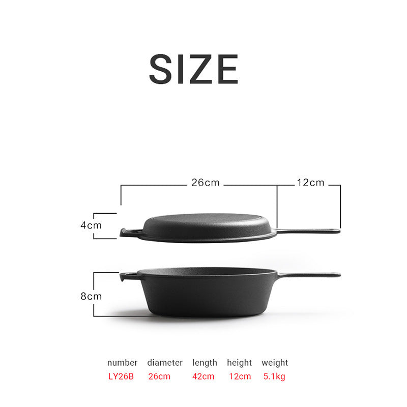 Cast iron dual-purpose pan, flat-bottomed steak frying pan, household soup pan, uncoated saucepan, thickened old-fashioned handmade raw iron pan
