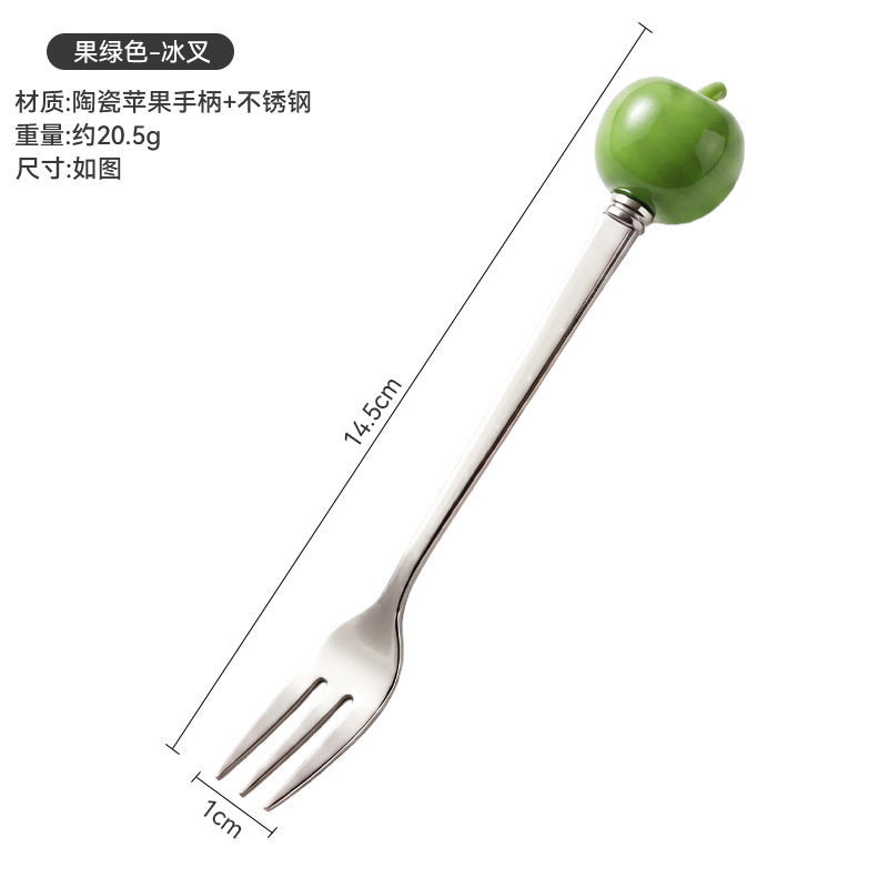 Colorful apple fork and spoon set - creative spoons with stainless steel and ceramic handles for fruit, coffee, cake, and desserts - wholesale