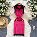 Xiaoxiangfengretrocontrast colorpolo collar sleeveless knittingdress women's summer french waist slimming looksweater short skirt