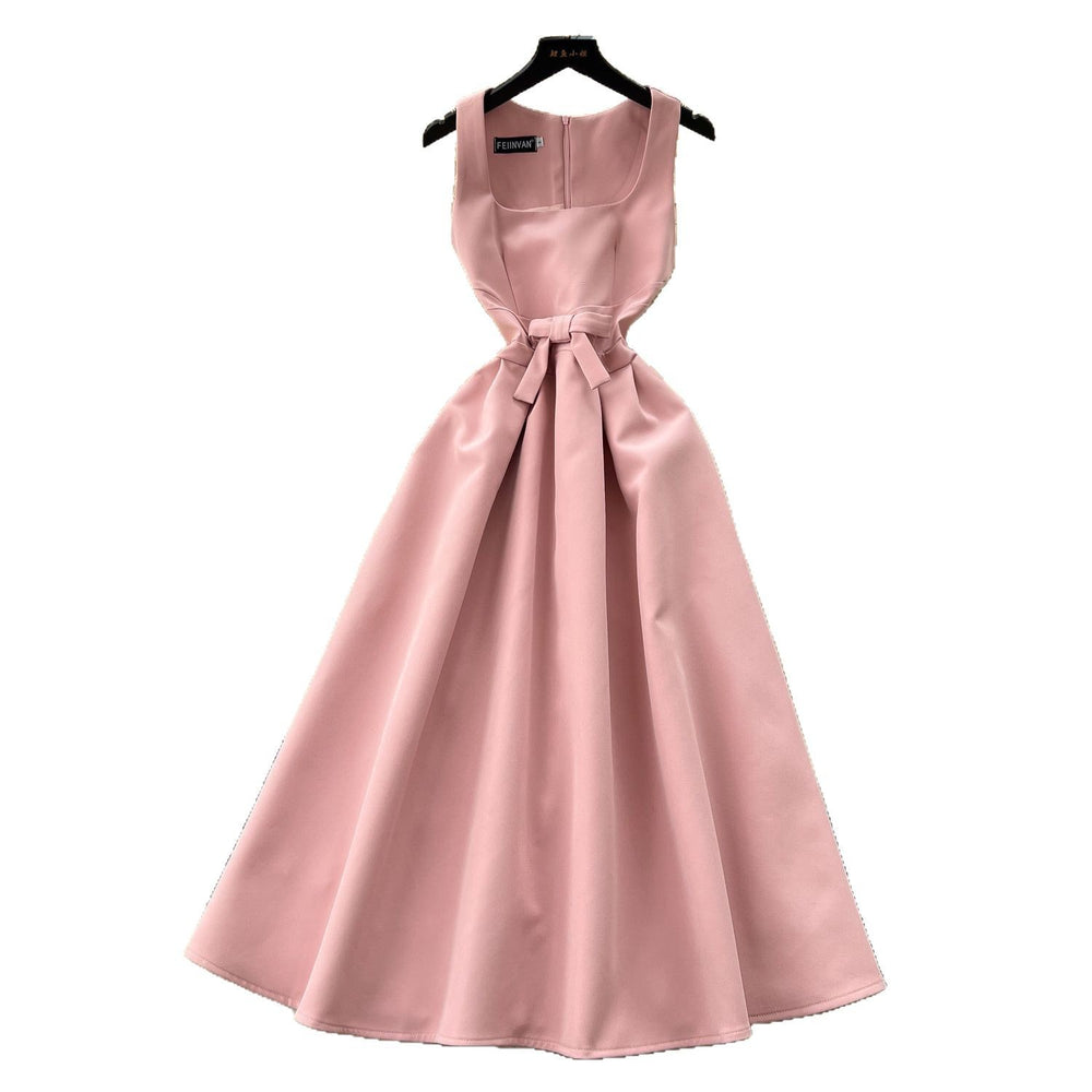 French chic sleeveless square neck dress - summer edition: butterfly knot waist, slimming, elegant hepburn style maxi dress