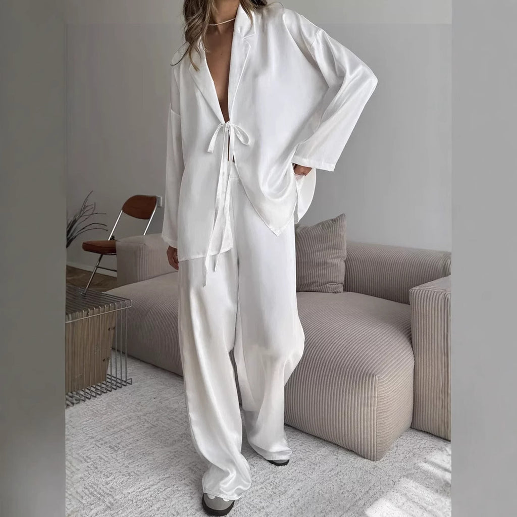 Europe, America,  hot design sense loose satin lace-up long-sleeved cardigan trousers two-piece set home out
