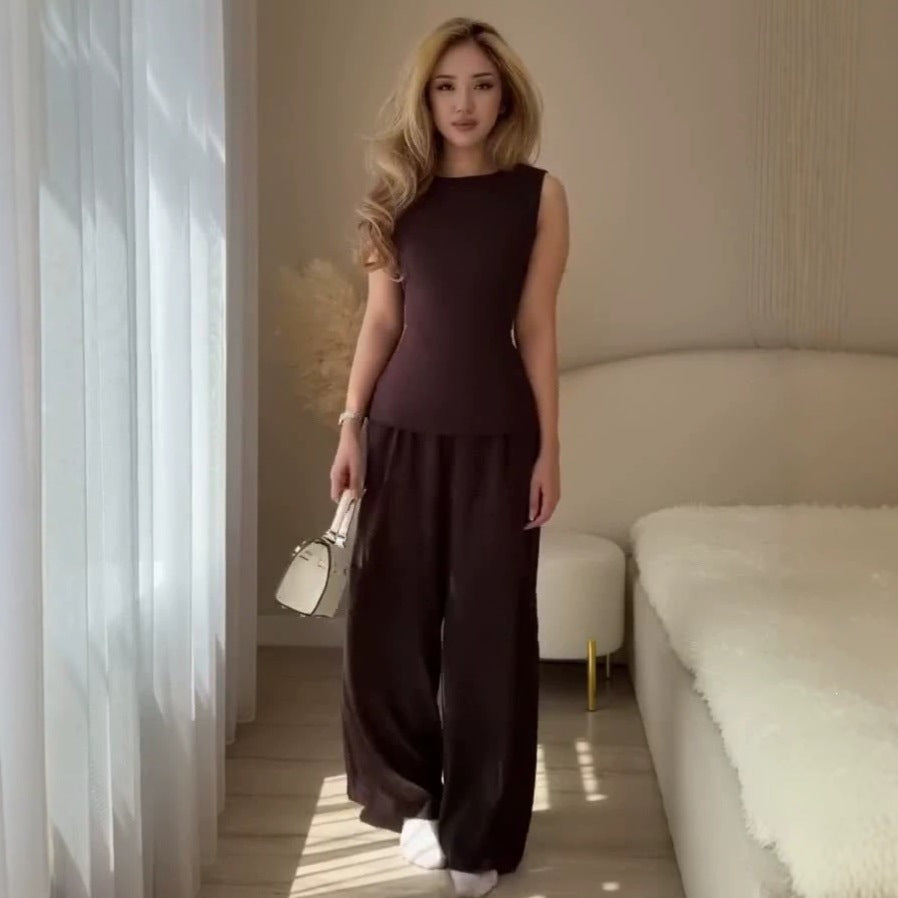 Amazon cross-border export women's clothing new boat neck sleeveless slim vest topscasualslimming look wide leg pants suit