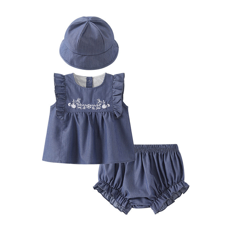 Girls' summer clothing  new korean style hooded three-piece set kids' outfit flutter sleeve embroidered baby set