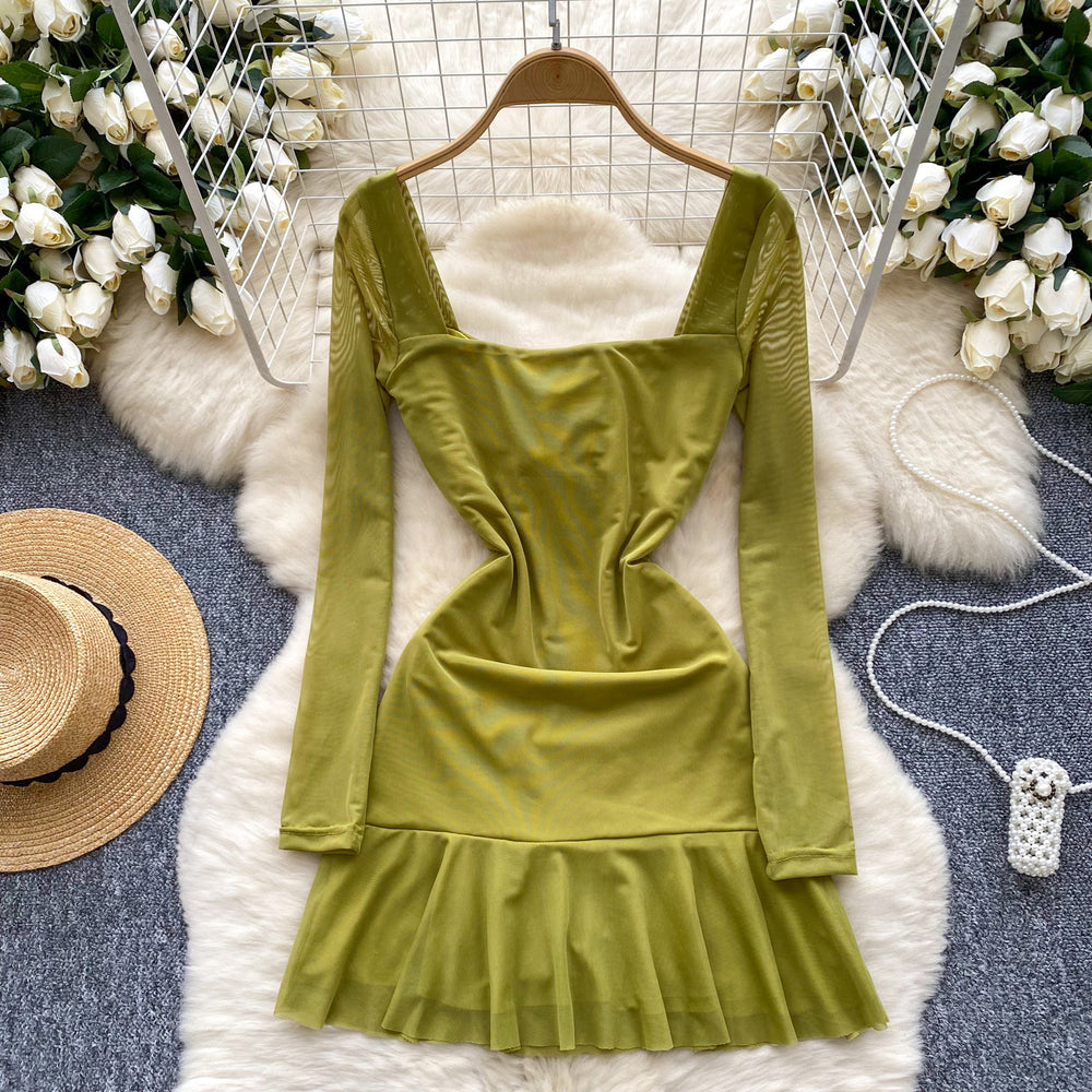 Pure desire sexy women's dress autum pleated waist elegant square neck long sleeves ruffles mesh skirt