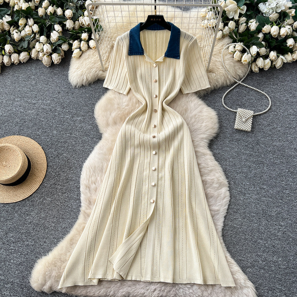 Frenchretrocontrast color lapel short sleeve metal button silmknittingdress women's spring waist slimming lookelegant skirt