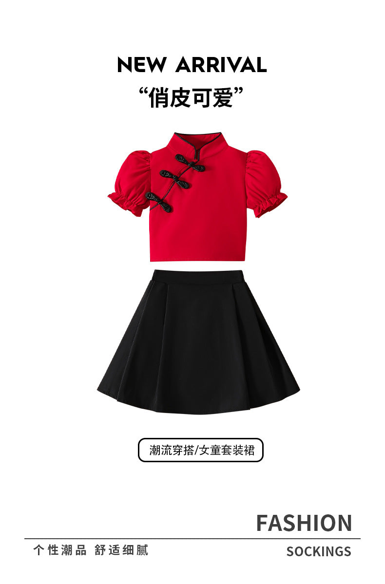 Girls' two-piece skirt set: red lantern sleeve chinese-style button-down top with black pleated skirt - traditional chinese style for kids