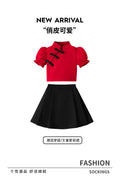 Girls' two-piece skirt set: red lantern sleeve chinese-style button-down top with black pleated skirt - traditional chinese style for kids