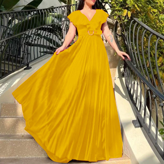 D3159p belted plus size women's v-neck solid color pleated ruffle hem maxi dress - european & american style - wholesale dress