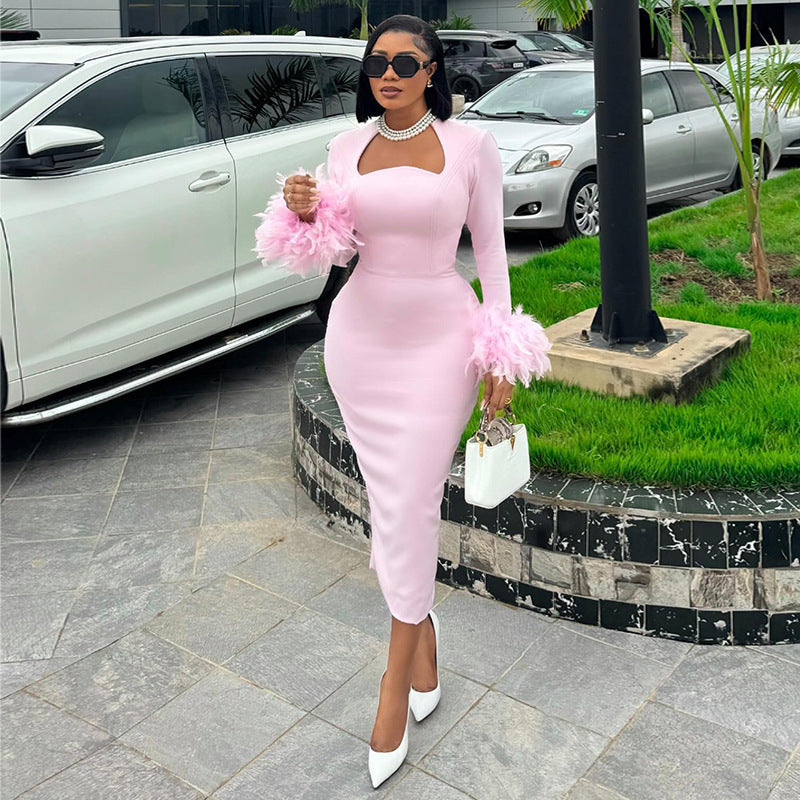 European and american women's clothing  summer new sweet and fresh square neck long sleeve feather trim high waist slimming dress