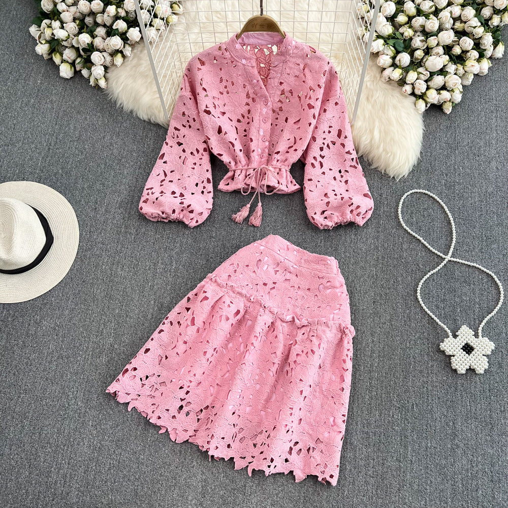 Retroelegantv neckcut outembroidered lantern sleeveshortshirt women's two-piece set high waistslimming looka-line skirt