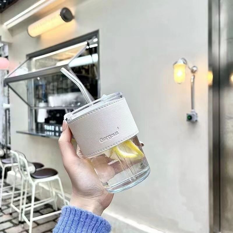 Ins style transparent aurora borealis straw glass bamboo cup good-looking coffee cup portable water cup cup ins style