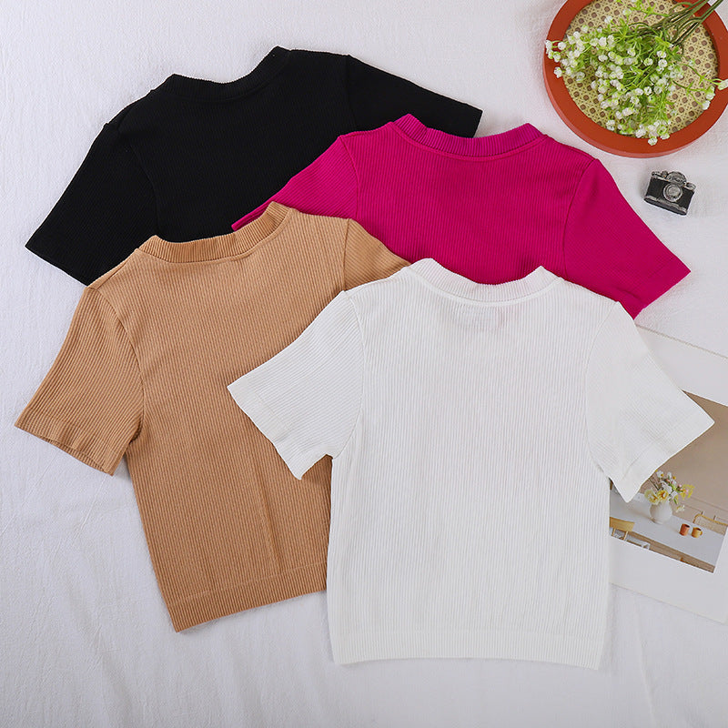 Cross-border new crew neck T-shirt  yoga sports short-sleeved threaded cotton spring and summer pullover short-sleeved top