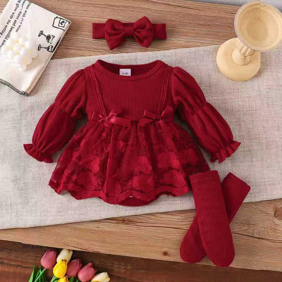 Children's clothing  cross-border european and american girls rose red long sleeves and socks