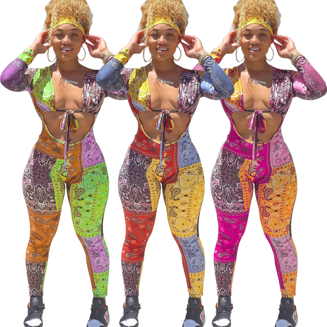 S390187 European and American women's clothing wholesale sexy slim print hollow strap one-piece trousers pencil trousers women