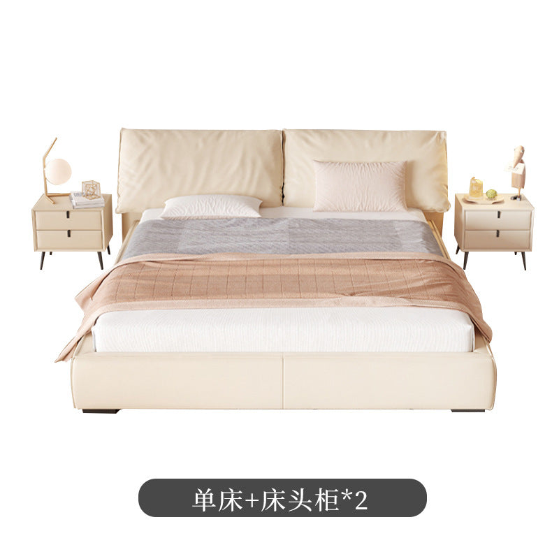 Foshan factory customized elephant ear genuine leather soft-packed bed, italian minimalist cream style master bedroom double bed