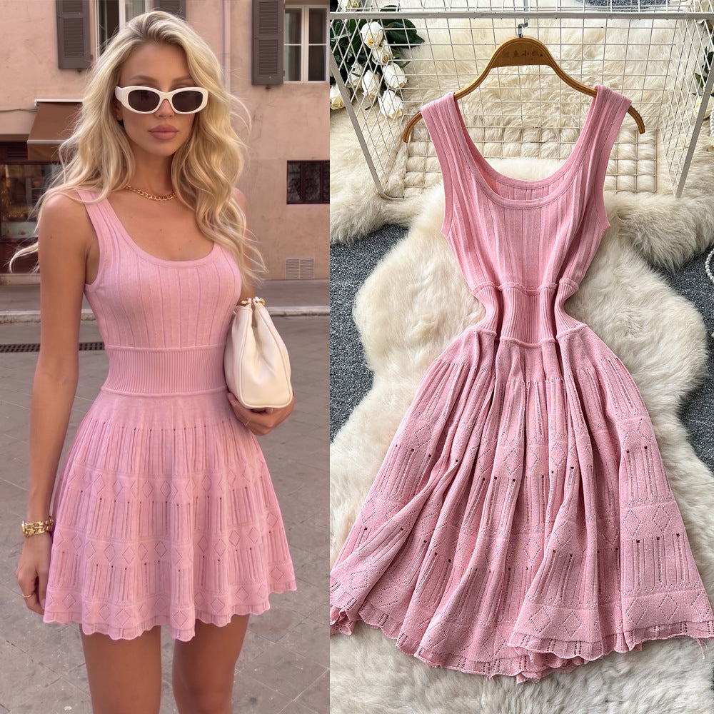 Pure desire style u neck sleeveless knittingcut outdress women's summer k-style purple waist slimming look a-line skirt petites