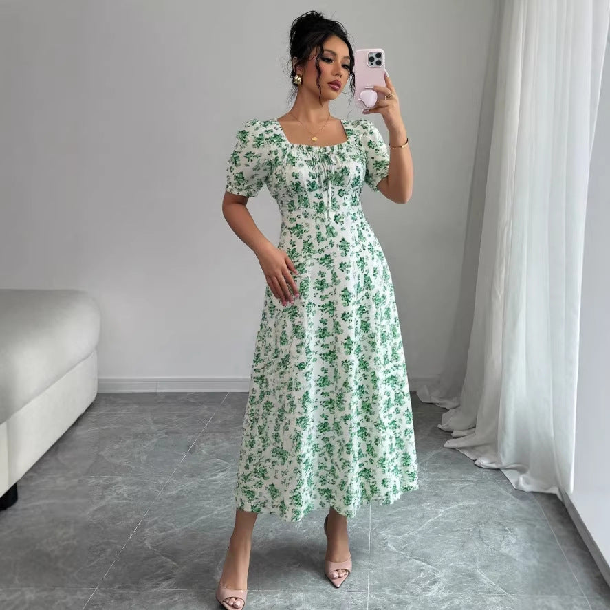 new cross-border french style bubble sleeve v-neck floral print women's dress