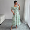 new cross-border french style bubble sleeve v-neck floral print women's dress