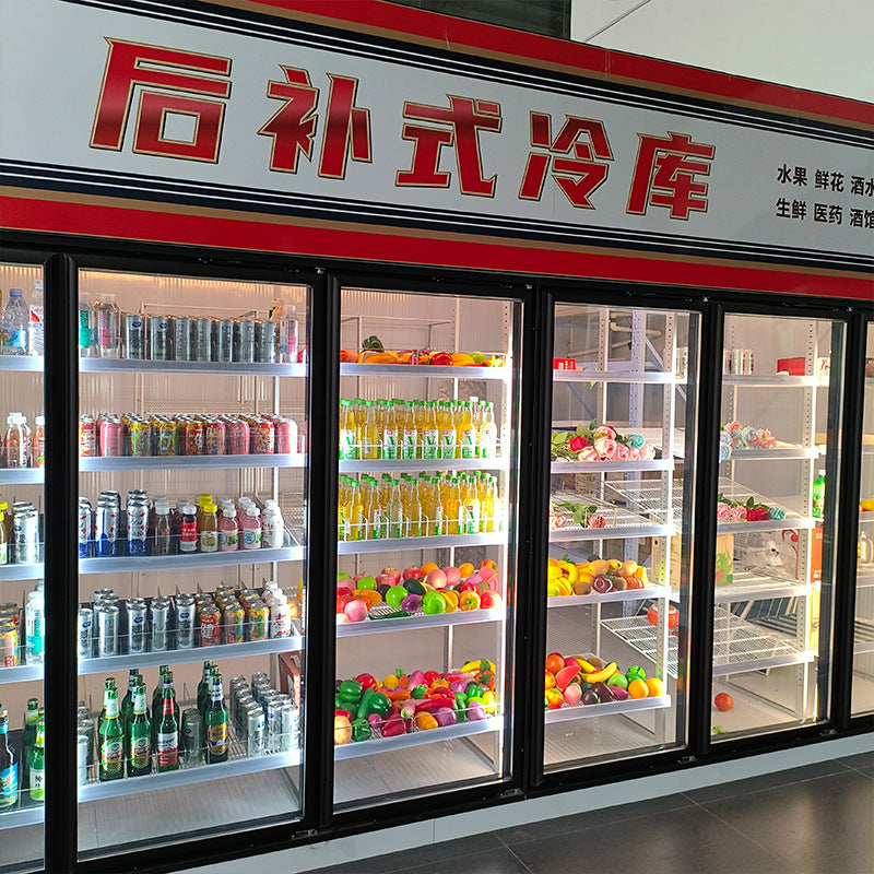 Commercial walk-in cooler and freezer set for bars and restaurants, including beer and beverage refrigeration cabinets
