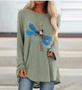 2025 amazon wish european and american new women's long-sleeve crew neck dragonfly print plus size t-shirt - casual and versatile