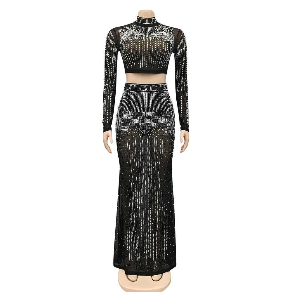 X5379 cross-border new arrival:  european and american fashion sexy nightclub women's mesh see-through long sleeve maxi dress two-piece set
