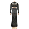X5379 cross-border new arrival:  european and american fashion sexy nightclub women's mesh see-through long sleeve maxi dress two-piece set