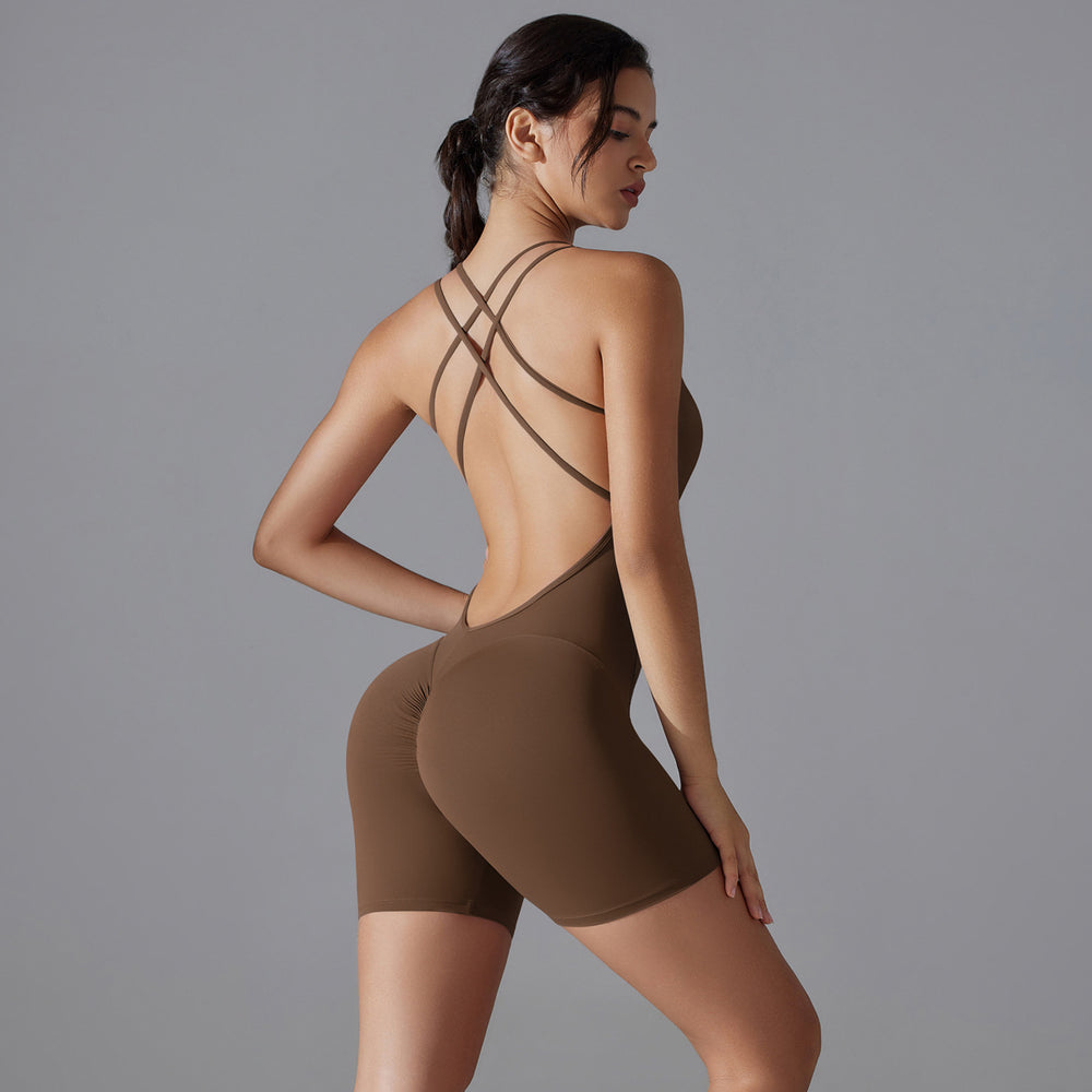 Fashionnew arrivalnude suspender beautiful back jumpsuit shortall-in-one yoga clothes women's running sports fitness jumpsuit