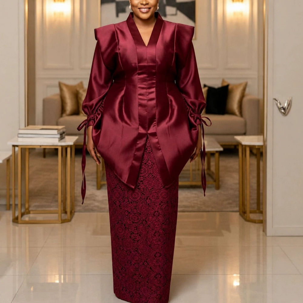 African loose satin pleated fashion outerwear drawstring design set party wedding lace robe two-piece outfit
