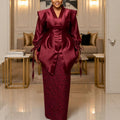African loose satin pleated fashion outerwear drawstring design set party wedding lace robe two-piece outfit