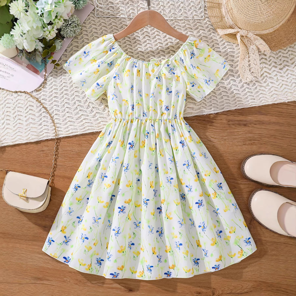 Summer girls' dress for export - light yellow floral print, round neck, bow accent, cute pleated princess skirt